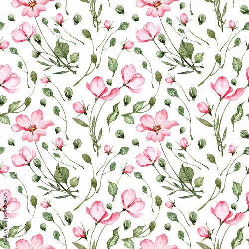 Seamless pattern with hand painted watercolor pink flowers and green leaves. Tea rose and peony