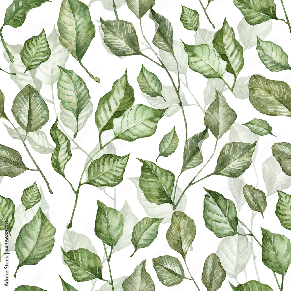 Seamless pattern with hand painted watercolor green leaves. Botanical wallpapers