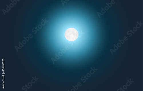 Bright moonlight on the sky with glowing surface. Realistic blue moonrise. Dark blue cloudless sky with moon. Natural panoramic background with bright light halo. Vector illustration