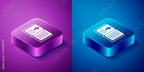 Isometric Holy bible book icon isolated on blue and purple background. Square button. Vector