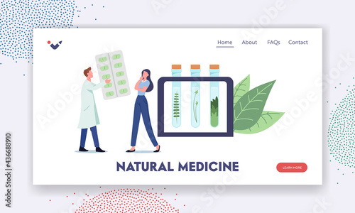 Natural Medicine Landing Page Template. Specialist Giving Herbal Remedy to Patient. Male Doctor Character Prepare Drugs