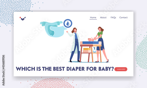 Parent Routine and Motherhood Landing Page Template. Doctor Presenting Nappy to Mother Changing Diaper to Newborn Kid