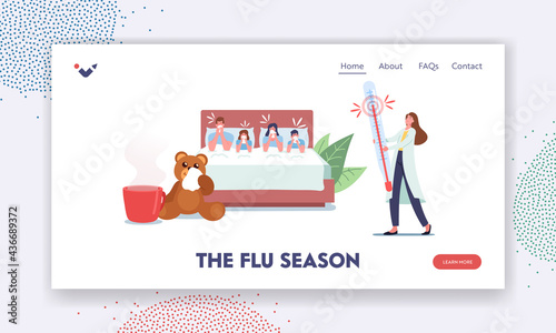 Flu Season Landing Page Template. Ill Family Sit in Bed with Fever, Sneezing with Runny Nose. Contagious Viral Disease