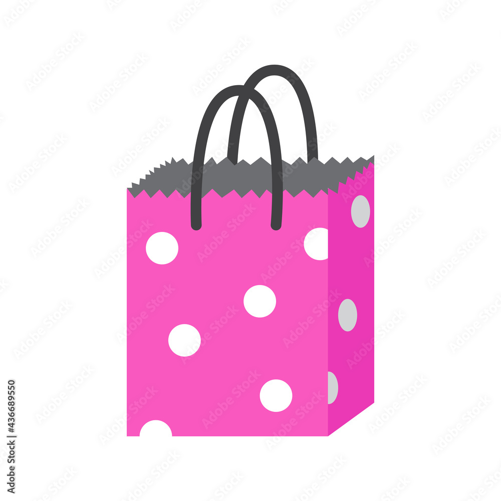 Pink paper bag for gift or shopping, vector illustration. Colorful bag  design with white dots. Simple cartoon illustration. Mall sales, buy in  store, gift pack, market and consumer theme. Stock Vector