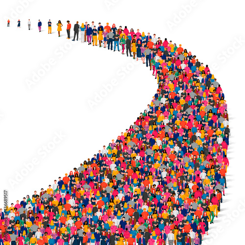 Sale, road, promotion concept. A large group of people are standing in a long line. Crowd.