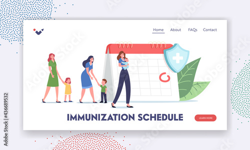 Immunization Schedule Landing Page Template. Tiny Patients Wait for Vaccination near Huge Calendar with Rounded Date