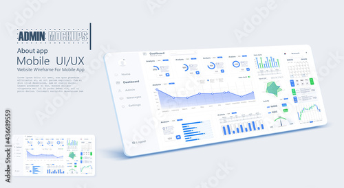 Dashboard UI, UX, KIT interface. Admin Panel statistical chart maps, web page data charts, and graphical user interface screen charts. Monitoring of income streams, stock market infocharts. Vector