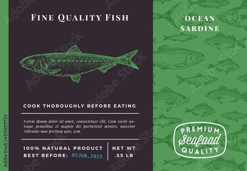 Premium Quality Ocean Sardine Abstract Vector Packaging Design or Label. Modern Typography and Hand Drawn Sketch Fish Pattern Background Seafood Layout