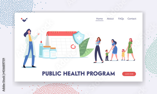 Public Health Program Landing Page Template. Immunization Schedule. Characters Wait for Vaccination at Huge Calendar