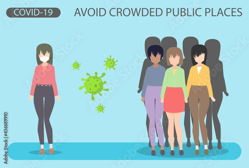 A young girl in a medical mask stands apart from a group of people.