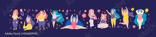 Set with women plus size. The ballerina is dancing. The girl does gymnastics. Stylish plump girl is engaged in sports, meditation. Feminism. Doodle style. Body positive.