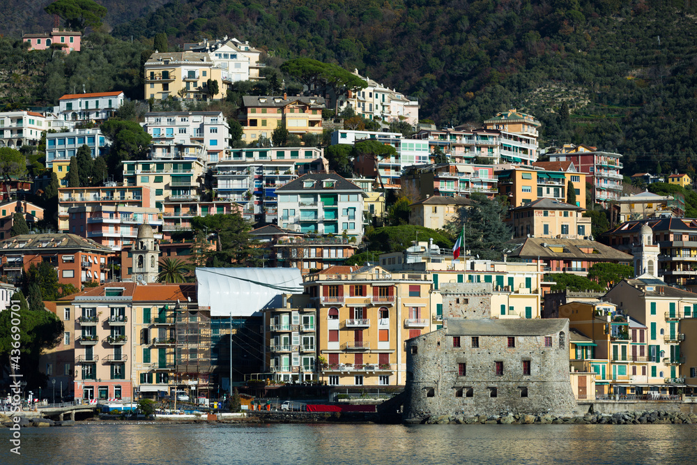 Landscape of Italian town of Rapallo with castle on Ligurian seaside, Italy
