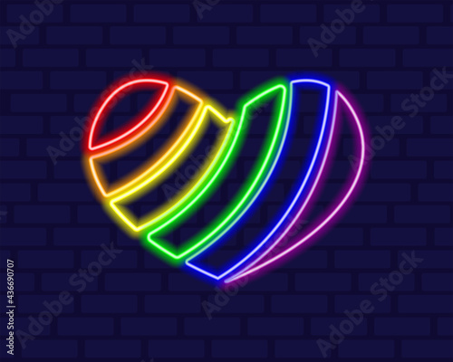 Neon LGBT rainbow heart element. Happy gay pride month. Glowing LGBT community. Vector illustration