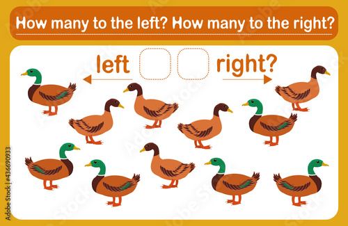 A logic game for kids called Left or right. Spatial orientation with ducks. Training sheet. Count how many ducks are turned left and how many are turned right.