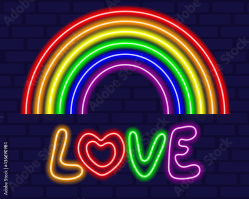 Neon glowing rainbow. LGBT tolerance. Happy gay pride month. LGBT community. Vector illustration