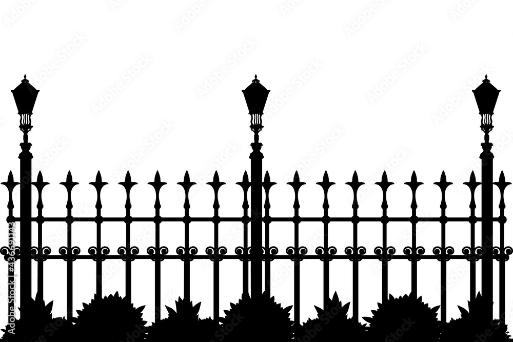 Naklejka premium Silhouette of iron fence with street flashlights and plants. Decorative fence silhouette with artistic forging isolated on white background. Gate with swirls. Forged lattice fence. Vector illustration