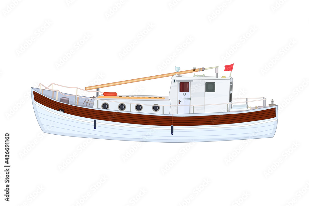 Fototapeta premium Boat isolated on white background.Commercial sea fishing trawler vessel.Nautical transport for fishing. Ship side view.Sea transportation, marine ship for industrial fishery.Stock vector illustration