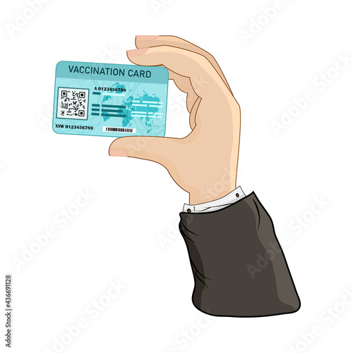 Hand holding vaccination card isolated on white background. Get vaccine. Coronavirus vaccine. Health concept. Vaccination passport or certificate. Safety travel document. Stock vector illustration