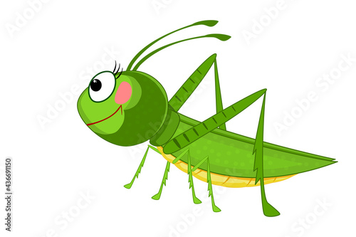 Cartoon grasshopper isolated on white background. Cute green cricket character. Insect mascot. Lovely bug icon. Bug icon. Friendly beetle. Symbol of nature, spring, summer. Stock vector illustration