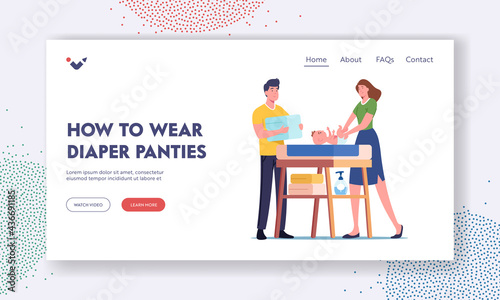 How to Wear Diaper Panties Landing Page Template. Young Parents Characters Change Nappy to Newborn Baby on Table