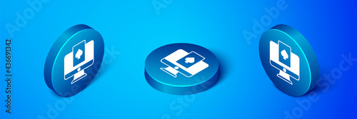 Isometric Online poker table game icon isolated on blue background. Online casino. Blue circle button. Vector
