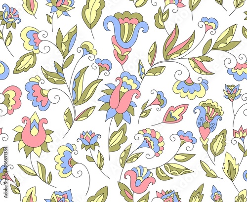 Vintage floral seamless background pattern. Blooming garden flowers. Vector illustration in hand drawn style.