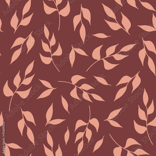 Leaves and branches are pastel pink on a brown background. Seamless patterns, modern minimalistic style. Simple elements of nature. Delicate vintage background for fabric, textile or paper.