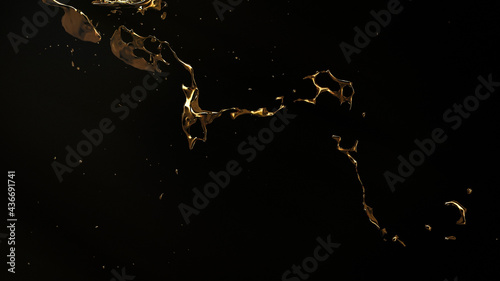 3D rendering. Splashes of molten metal on a dark background. Gold. Metallic luster. Three-dimensional abstraction.