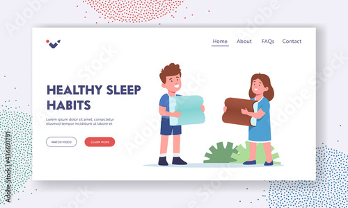 Healthy Sleep Habits Landing Page Template. Happy Children Holding Medical Orthopedic Pillows. Boy and Girl Characters