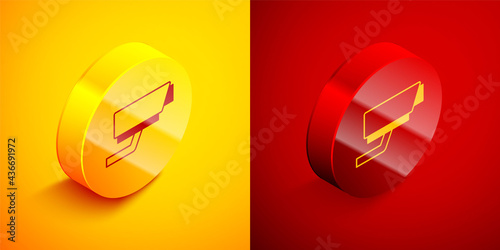Isometric Security camera icon isolated on orange and red background. Circle button. Vector