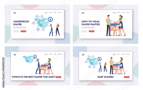 Baby Diapers Landing Page Template Set. Parents Couple Stand at Child Table Swaddle and Change Diapers to Newborn Baby