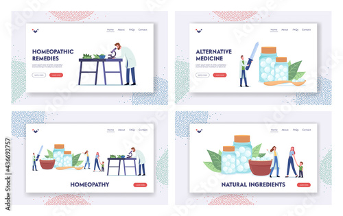 Homeopathy Landing Page Template Set. Pharmacists Characters Research Alternative Herbal Medicine, Plants Healing