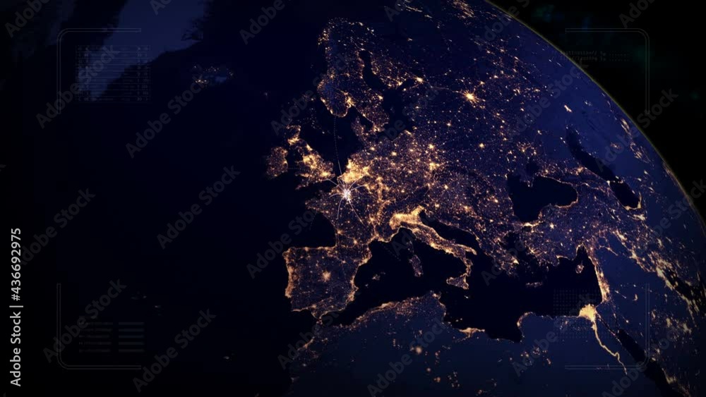 Flying to France from many places.Paris.France opens borders for tourists.Airplane trip on the map.HUD with digital data code.Good for tourist company, airways advertisement.
