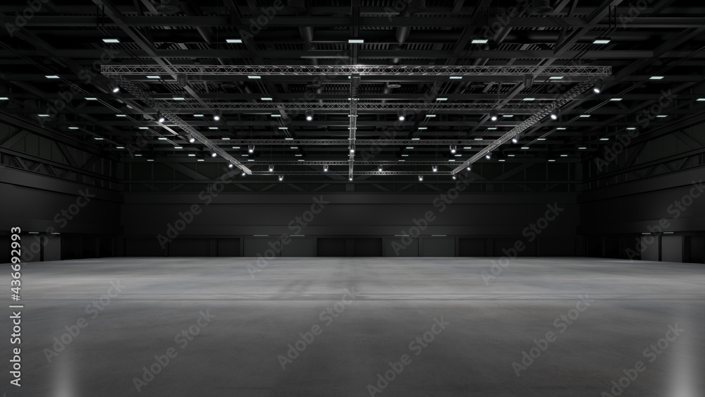 Empty exhibition center with truss. backdrop for exhibition stands.3d render. - obrazy, fototapety, plakaty 