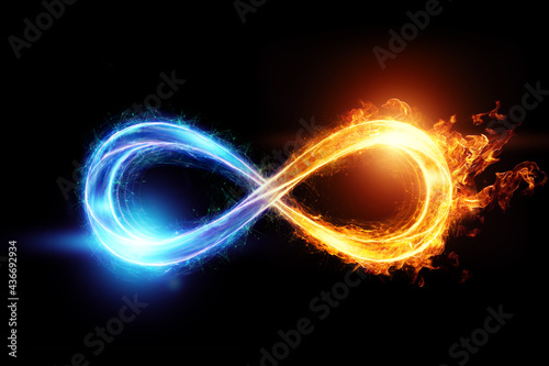 Fire ice infinity sign isolated on black background photo