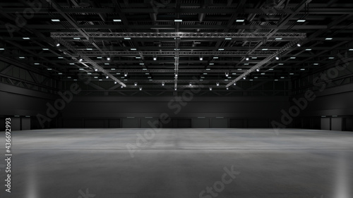 Empty exhibition center with truss. backdrop for exhibition stands.3d render.