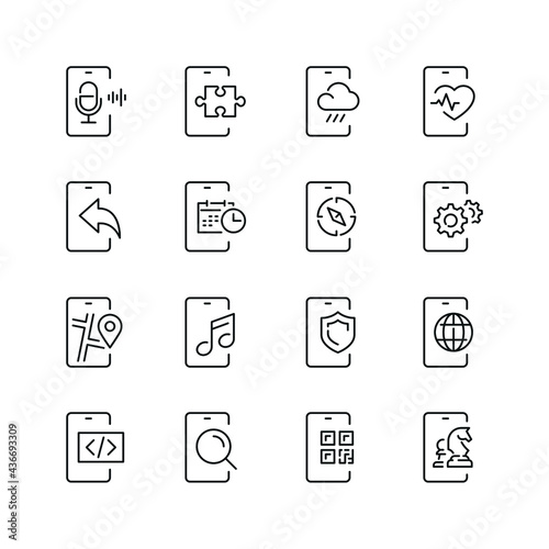 Mobile apps related icons: thin vector icon set, black and white kit