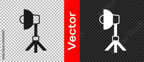 Black Studio light bulb in softbox icon isolated on transparent background. Shadow reflection design. Vector
