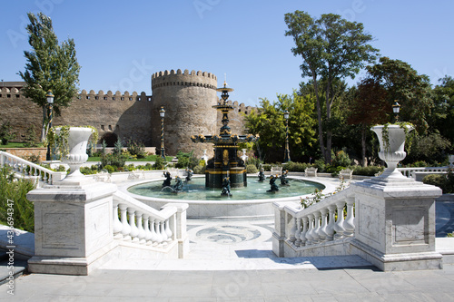 Old city Baku, ancient wall and new fountain