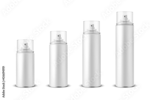 Vector 3d Realistic White Aluminum Blank Spray Can, Bottle, Transparent Lid Set Isolated. Small, Medium, Big Size. Design Template, Sprayer Can, Mock up, Package, Advertising, Hairspray, Deodorant