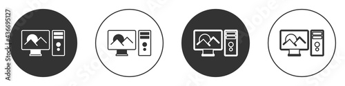 Black Photo retouching icon isolated on white background. Photographer, photography, retouch icon. Circle button. Vector