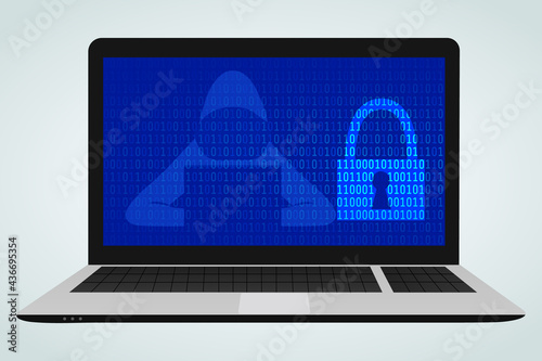 Abstract cyber security vector illustration in flat style.Lock, hacker, matrix binary numbers in a laptop computer.Privacy,protection,safety concept.