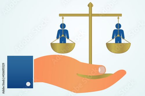 Equal rights illustration vector. A hand, and blue man icons standing on golden balance scale. Equal opportunities, and equity concept.