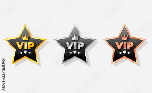 VIP vector icon . Set VIP badges in gold, silver and bronze color. VIP label
