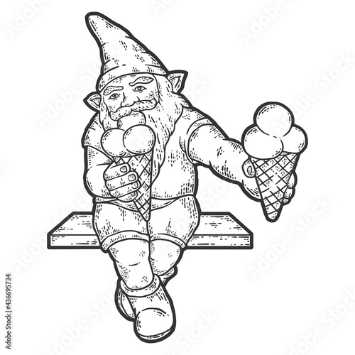 Wroclaw gnome with ice cream. Sketch scratch board imitation color.