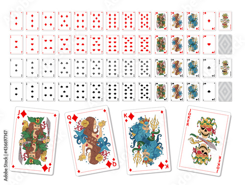 Set playing cards. Printable. Poker game kit. Vector illustration. Unique drawings. photo