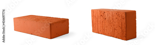 A red building brick lies on the surface in two perspectives and casts a soft shadow, isolated on a clean white background.