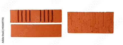 Red textured building brick in flat lay style is depicted from three angles, isolated on a clean white background without shadows.