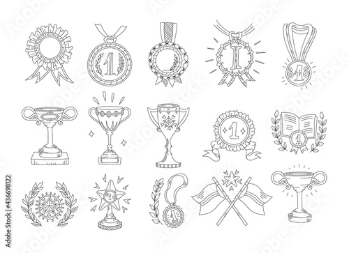 Awards cups and medals. Icon set, hand-drawn flat style. First place, top achievement. Hand drawn sketch outline contour line. Open paths. Editable stroke.