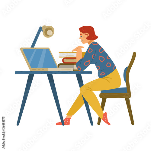 Girl student gets an education in online school via internet technology.